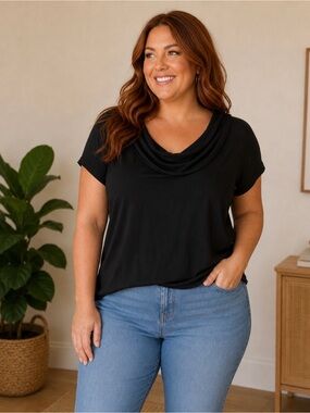 Talbots Black Short Sleeve Cowl Neck Tee Sz XL